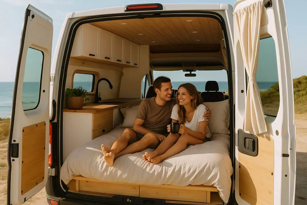 Intérieur d'un van aménagé prêt pour le voyage