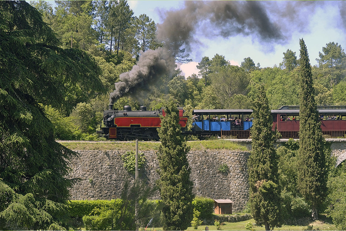 Train à vapeur des Cévennes traversant les vallées entre Anduze et Saint-Jean-du-Gard
