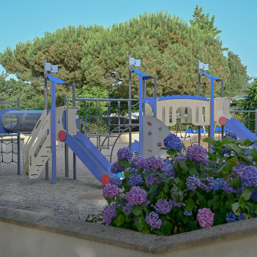 aire jeux enfants toboggan camping Aire de jeux avec toboggans bleus, structure d'escalade et hortensias au premier plan