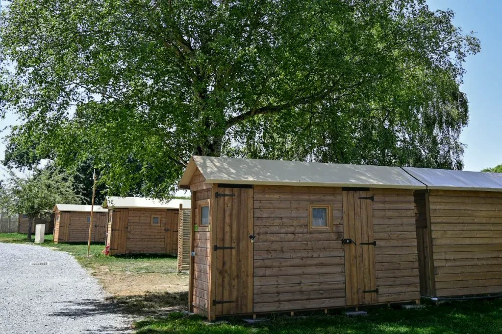 cabanon bois portes doubles arbre Cabanon en bois à double porte et petite fenêtre, installé sous un grand arbre, emplacement premium