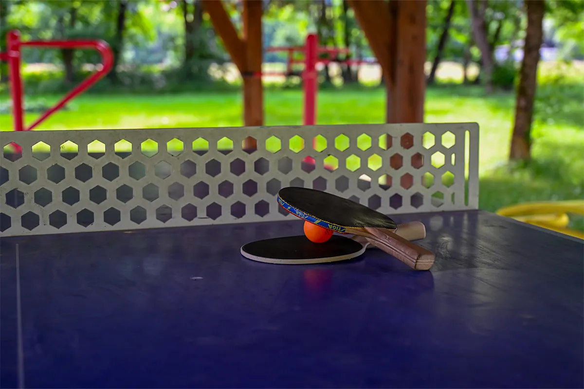 Halles3 Raquettes et balle posées sur la table de ping-pong du camping Pradelongue